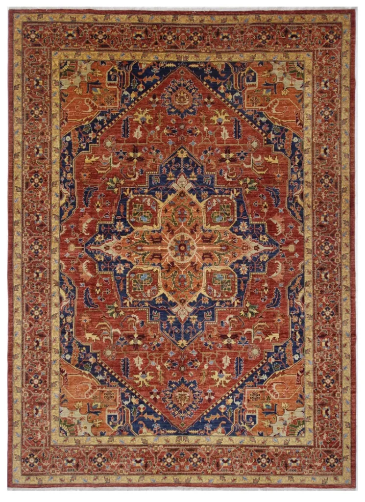 Tapis perse remplie de motif de couleur rouge dorée et bleu